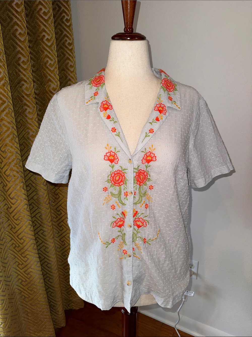 Maeve Light Blue Button-Down with Coral Floral Embroidery
